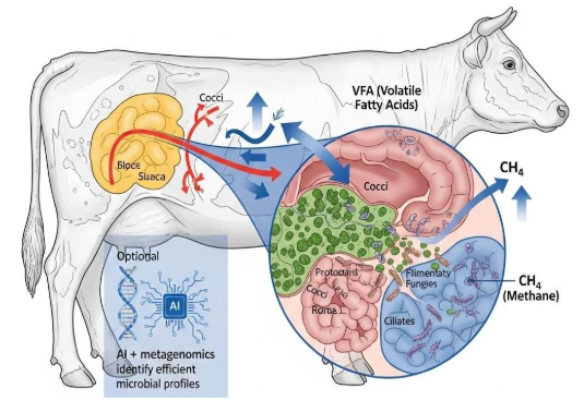 Biological efficiency is more than skin deep. The rumen microbiome plays a key role in converting feed into energy and influencing emissions.PNG